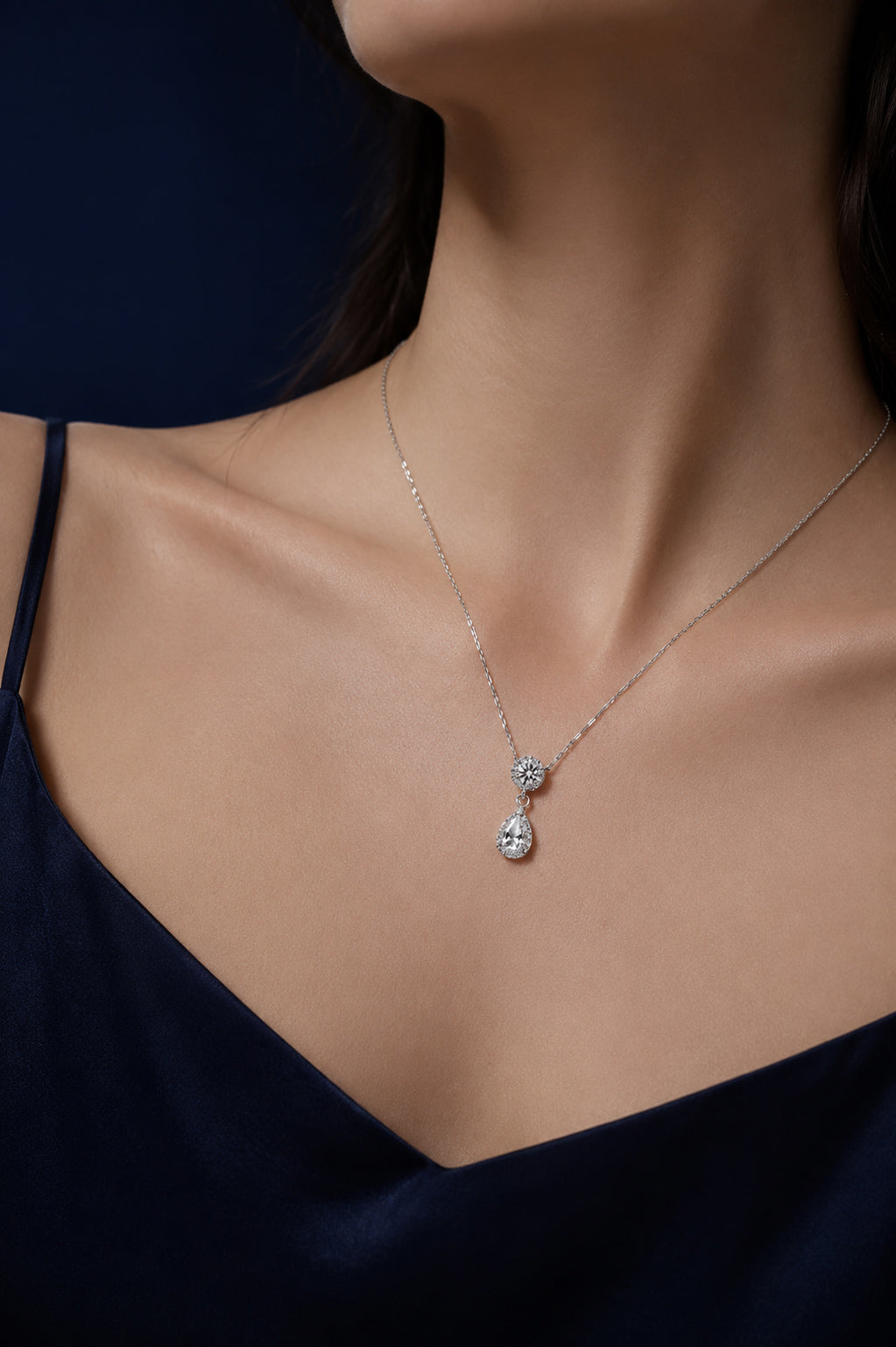 925 Sterling Silver Teardrop Halo Pendant Necklace Set