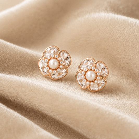 925 Sterling Silver Rose Gold Plated Pearl Flower Stud Earrings with Pearl Centre by PEHRO