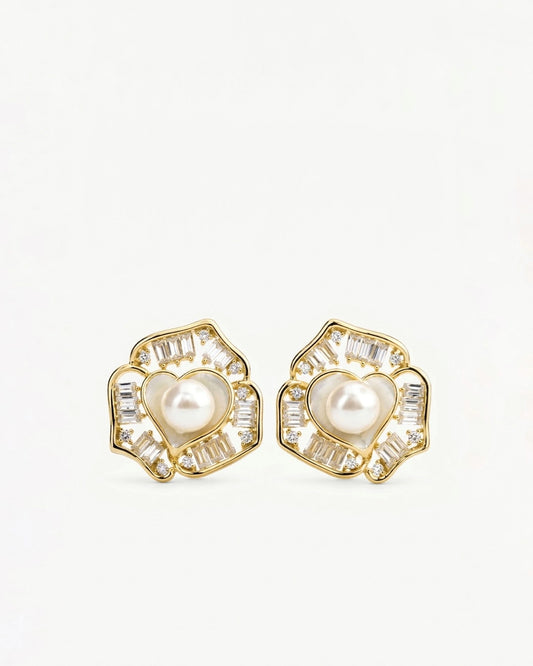 925 Sterling Silver Pearl Heart Stud Earrings
