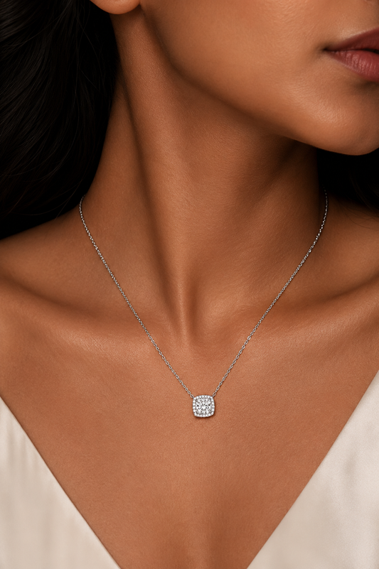 925 Sterling Silver Cushion Halo Pendant Necklace