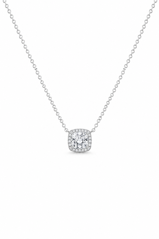 925 Sterling Silver Cushion Halo Pendant Necklace