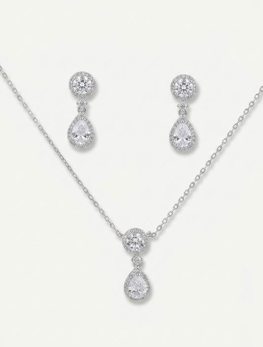 925 Sterling Silver Teardrop Halo Pendant Necklace Set