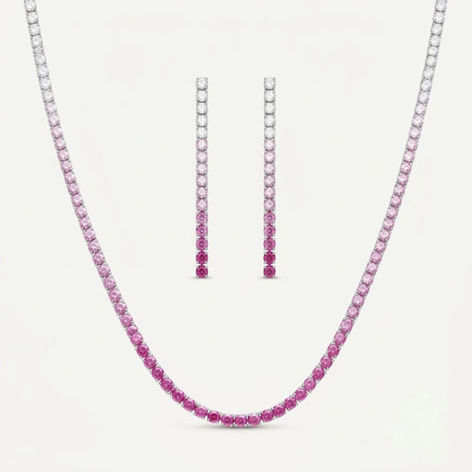 PEHRO pink stone tennis necklace and matching drop earrings set on a white jewelry display