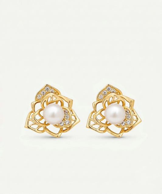 Gold-plated flower-shaped stud earrings with a central white pearl and small clear stones.