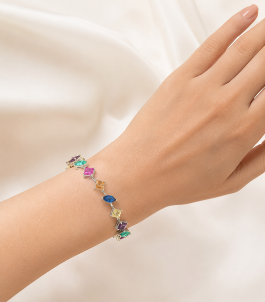 925 Sterling Silver Multicolor Station Bracelet