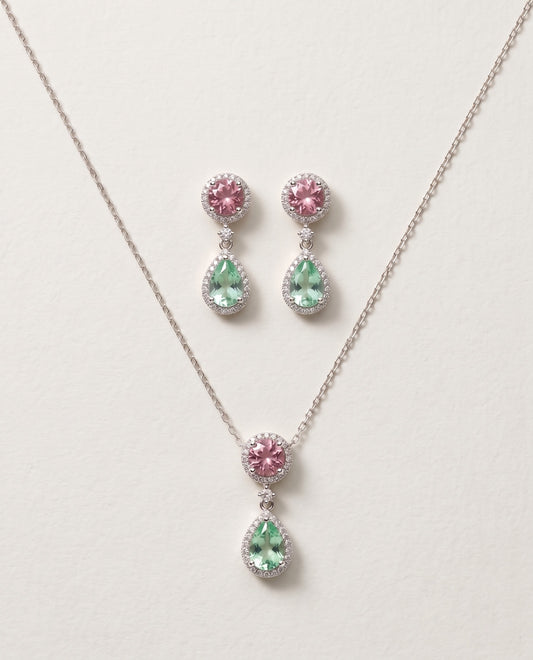 PEHRO 925 Sterling Silver Pink & Green Pendant Set