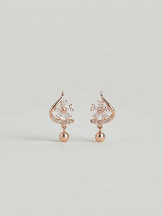 PEHRO 925 Sterling Silver rose gold floral drop earrings with clear stones