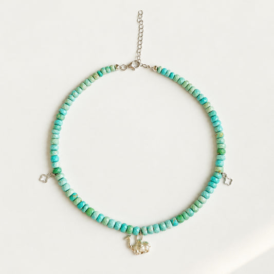 925 sterling silver Arizona turquoise charm choker necklace with natural turquoise beads and silver extender chain on a white background