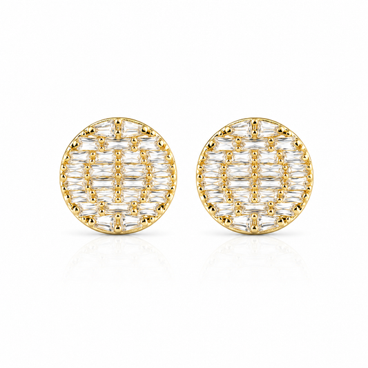 Pair of round gold-toned stud earrings featuring a grid of baguette-cut clear stones.