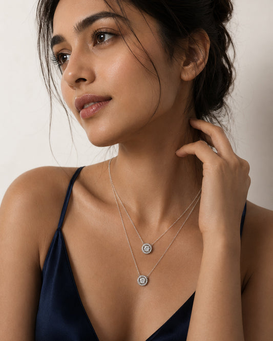 Model wearing PEHRO 925 Sterling Silver Aurora Halo Pendant Necklace