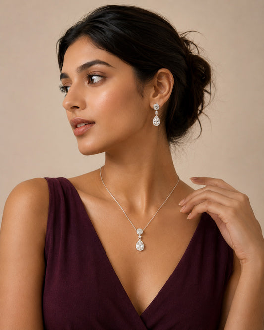925 Sterling Silver Teardrop Halo Pendant Necklace Set by PEHRO