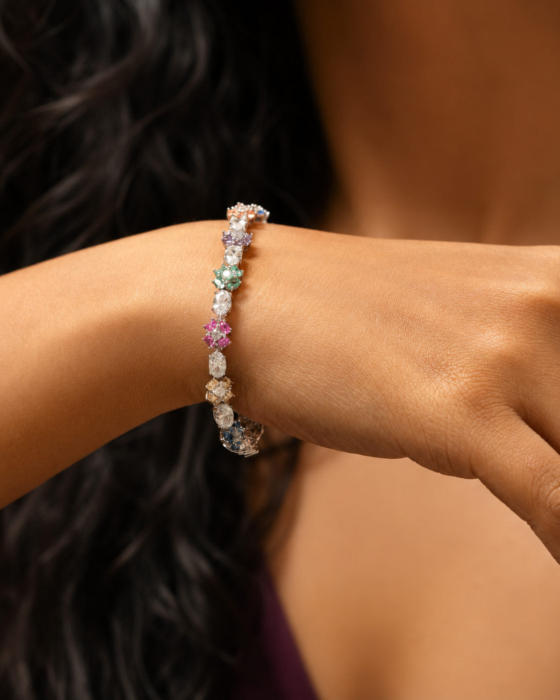 PEHRO 925 Sterling Silver Oval Gemstone Tennis Bracelet