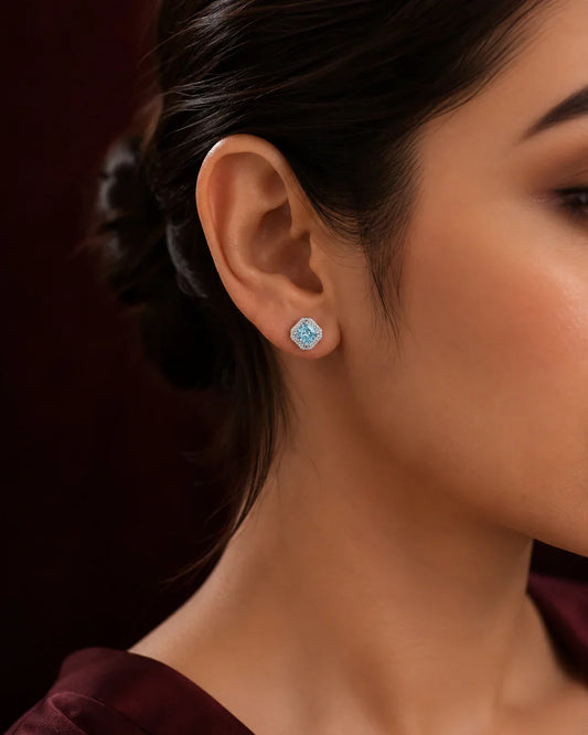 model wearing 925 Sterling Silver Aquamarine Halo Stud Earrings|Pehro