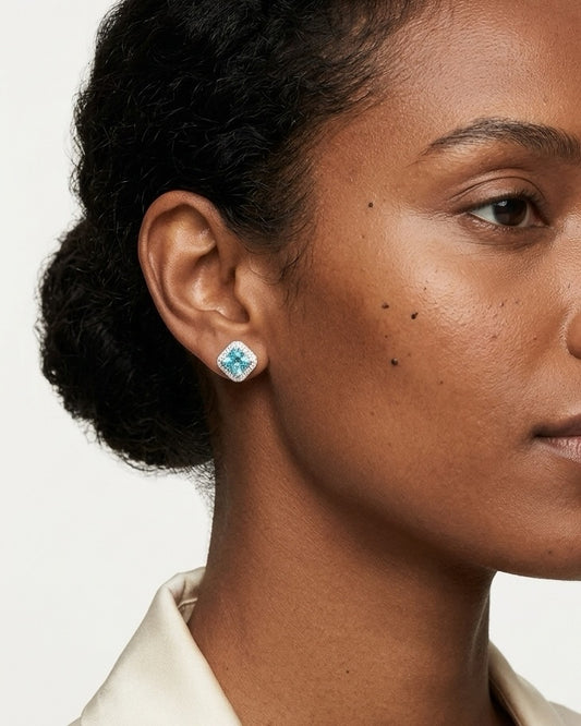 model wearing 925 Sterling Silver Aquamarine Halo Stud Earrings|Pehro