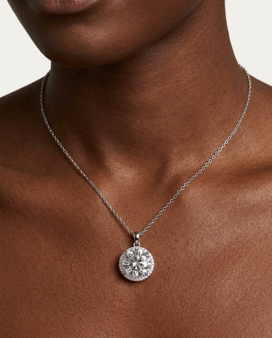 Woman wearing PEHRO 925 Sterling Silver 3 Carat Moissanite Halo Pendant
