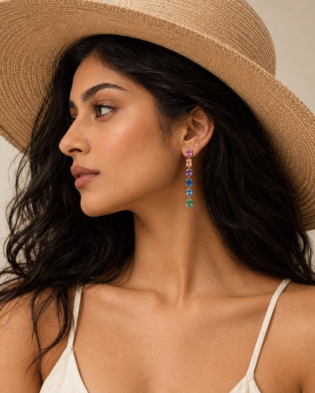 Woman wearing PEHRO 925 Sterling Silver Gold Vermeil Rainbow Drop Earrings