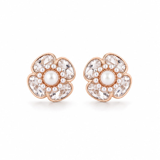 925 Sterling Silver Rose Gold Plated Pearl Flower Stud Earrings with Pearl Centre by PEHRO