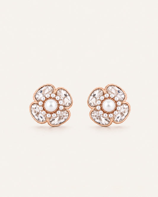 925 Sterling Silver Rose Gold Plated Pearl Flower Stud Earrings with Pearl Centre by PEHRO