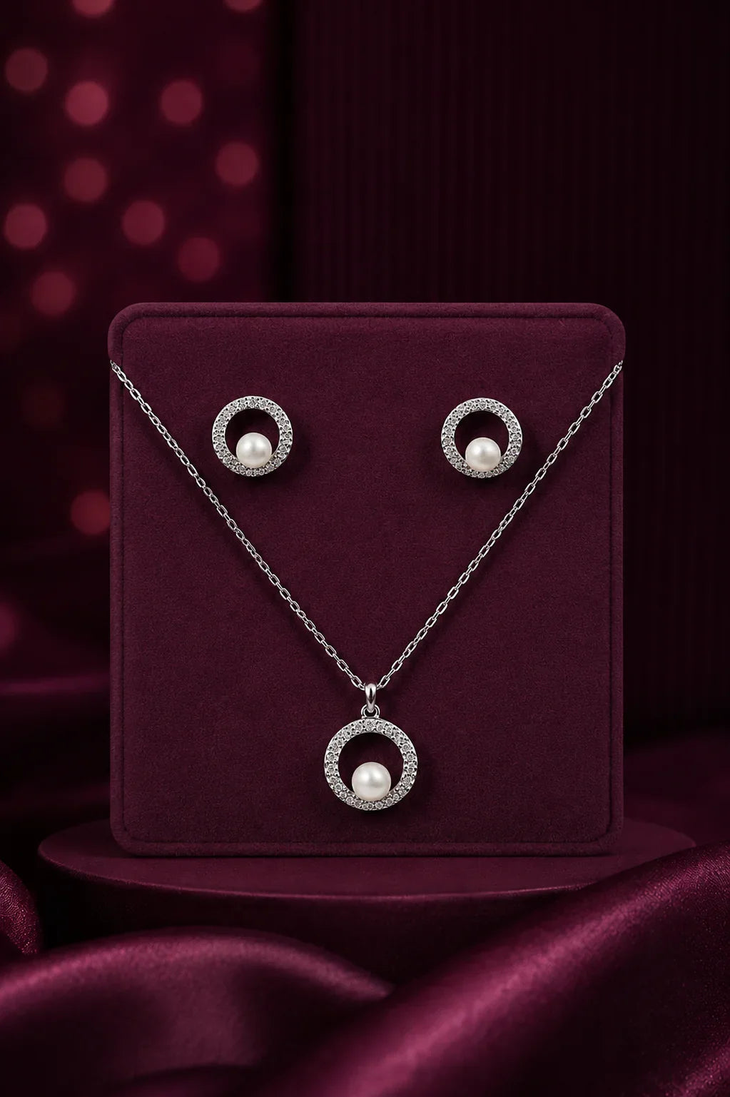 Silver necklace and earring set with circular crystal halos and center pearls on a maroon display.