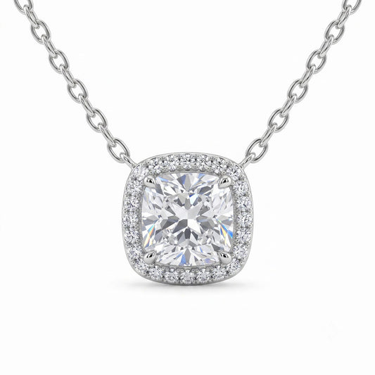 PEHRO 925 Sterling Silver Silver Cushion Halo Pendant Necklace with brilliant centre stone