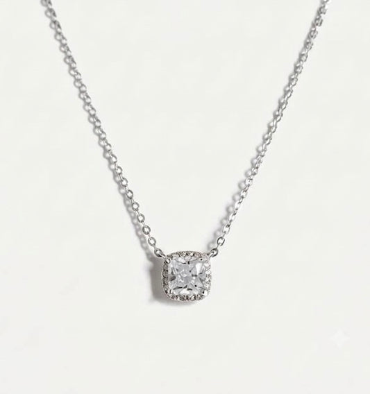 PEHRO 925 Sterling Silver Silver Cushion Halo Pendant Necklace with brilliant centre stone
