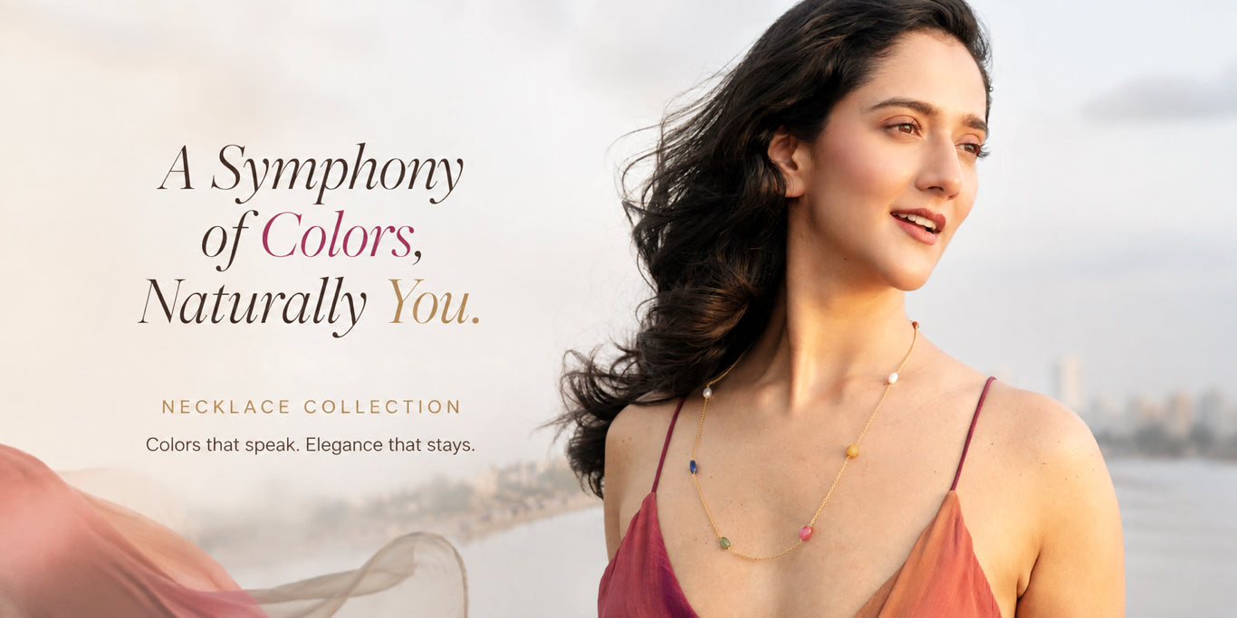 Anoushka Chouhan wearing a colorful gemstone necklace against a softly lit coastal backdrop, featured in a premium PEHRO necklace collection banner.