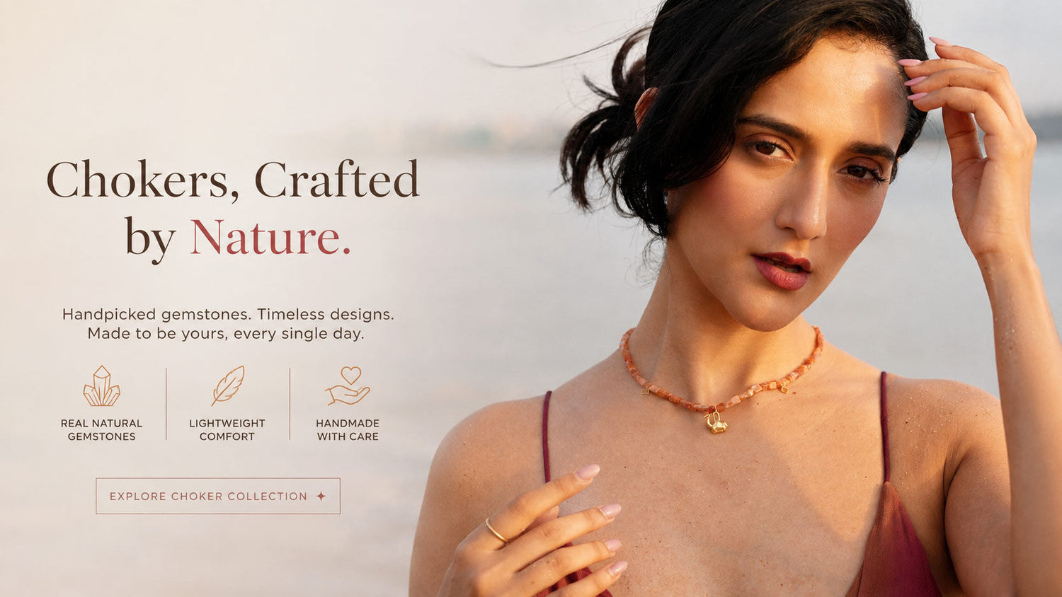 Woman wearing PEHRO 925 Sterling Silver Gemstone Choker Necklace
