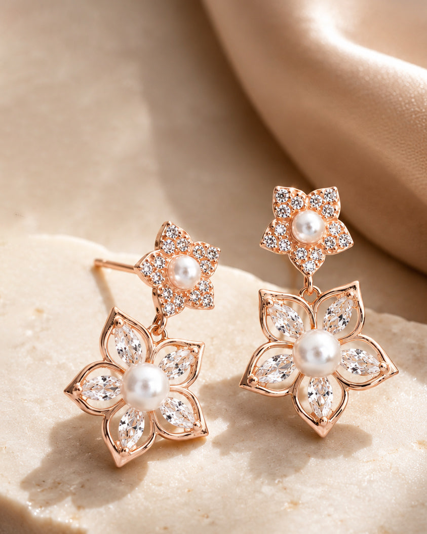 925 Sterling Silver Pearl Floral Drop Earrings