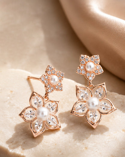 925 Sterling Silver Pearl Floral Drop Earrings
