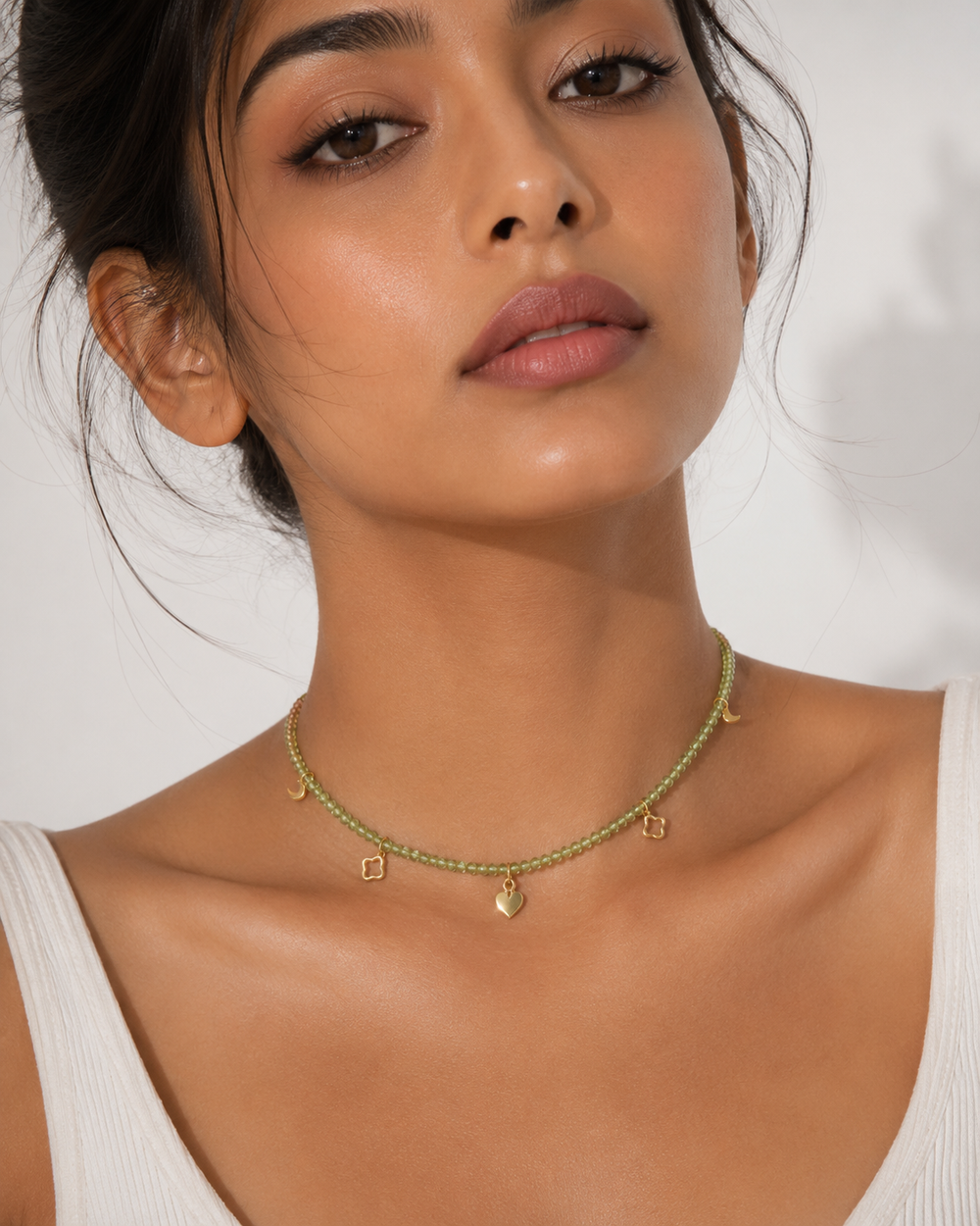 925 Sterling Silver Peridot Beaded Charm Choker Necklace