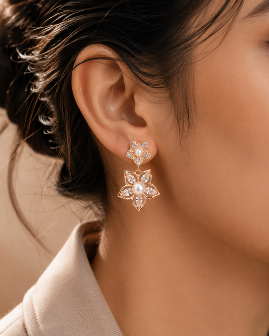 925 Sterling Silver Pearl Floral Drop Earrings
