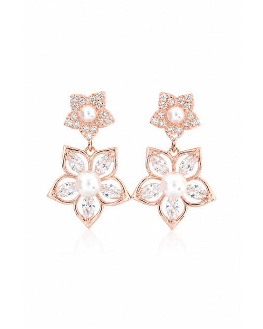 925 Sterling Silver Pearl Floral Drop Earrings