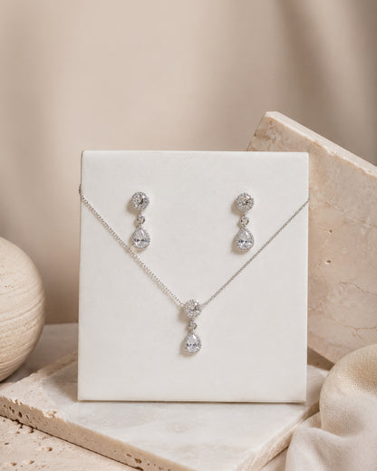 925 Sterling Silver Teardrop Halo Pendant Necklace Set by PEHRO
