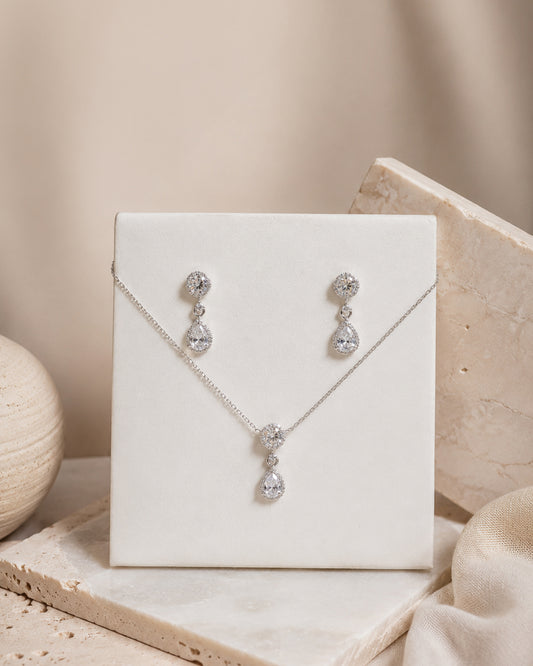 925 Sterling Silver Teardrop Halo Pendant Necklace Set by PEHRO