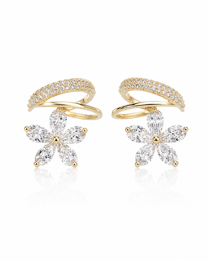 925 Sterling Silver Floral Ear Cuff Stud Earrings