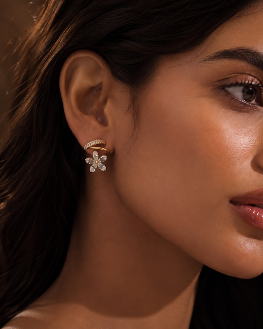 925 Sterling Silver Floral Ear Cuff Stud Earrings