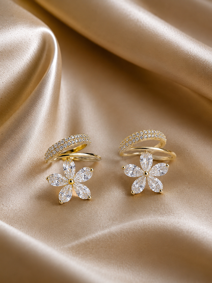925 Sterling Silver Floral Ear Cuff Stud Earrings
