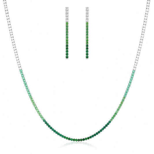 PEHRO 925 Sterling Silver Emerald Tennis Necklace and matching Emerald Drop Earrings