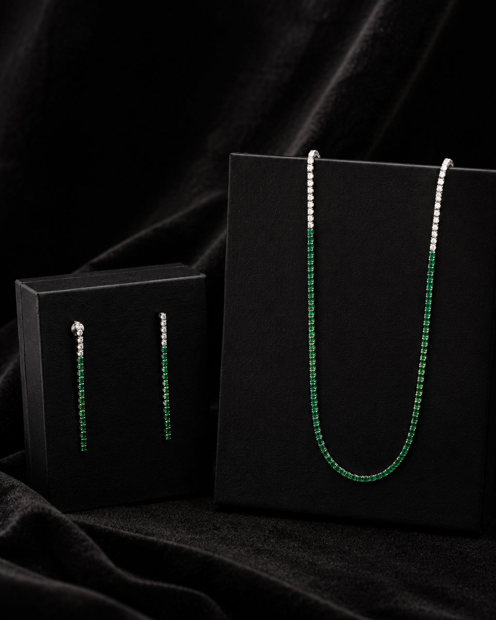 925 Sterling Silver Emerald Tennis Necklace Set