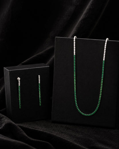 925 Sterling Silver Emerald Tennis Necklace Set