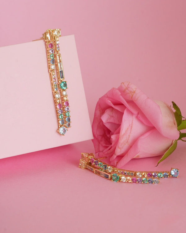 925 Sterling Silver Rainbow Double Drop Earrings on lifestyle pink background, rose 