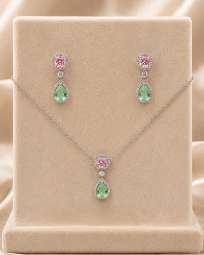 PEHRO 925 Sterling Silver Pink & Green Pendant Set