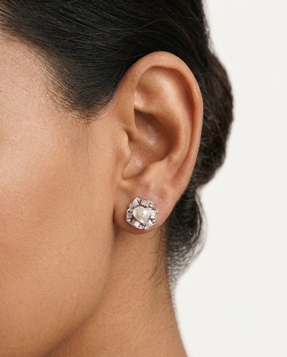 925 Sterling Silver Pearl Heart Stud Earrings
