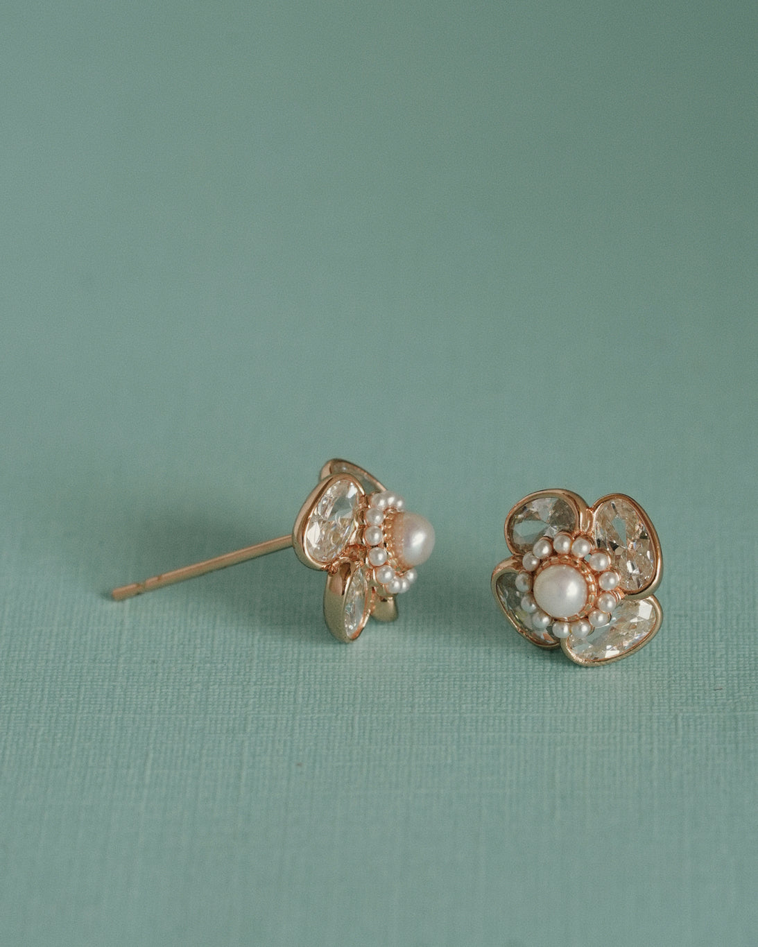 Close of 925 Sterling Silver Rose Gold Plated Pearl Flower Stud Earrings with fresh water Pearl Centre by PEHRO