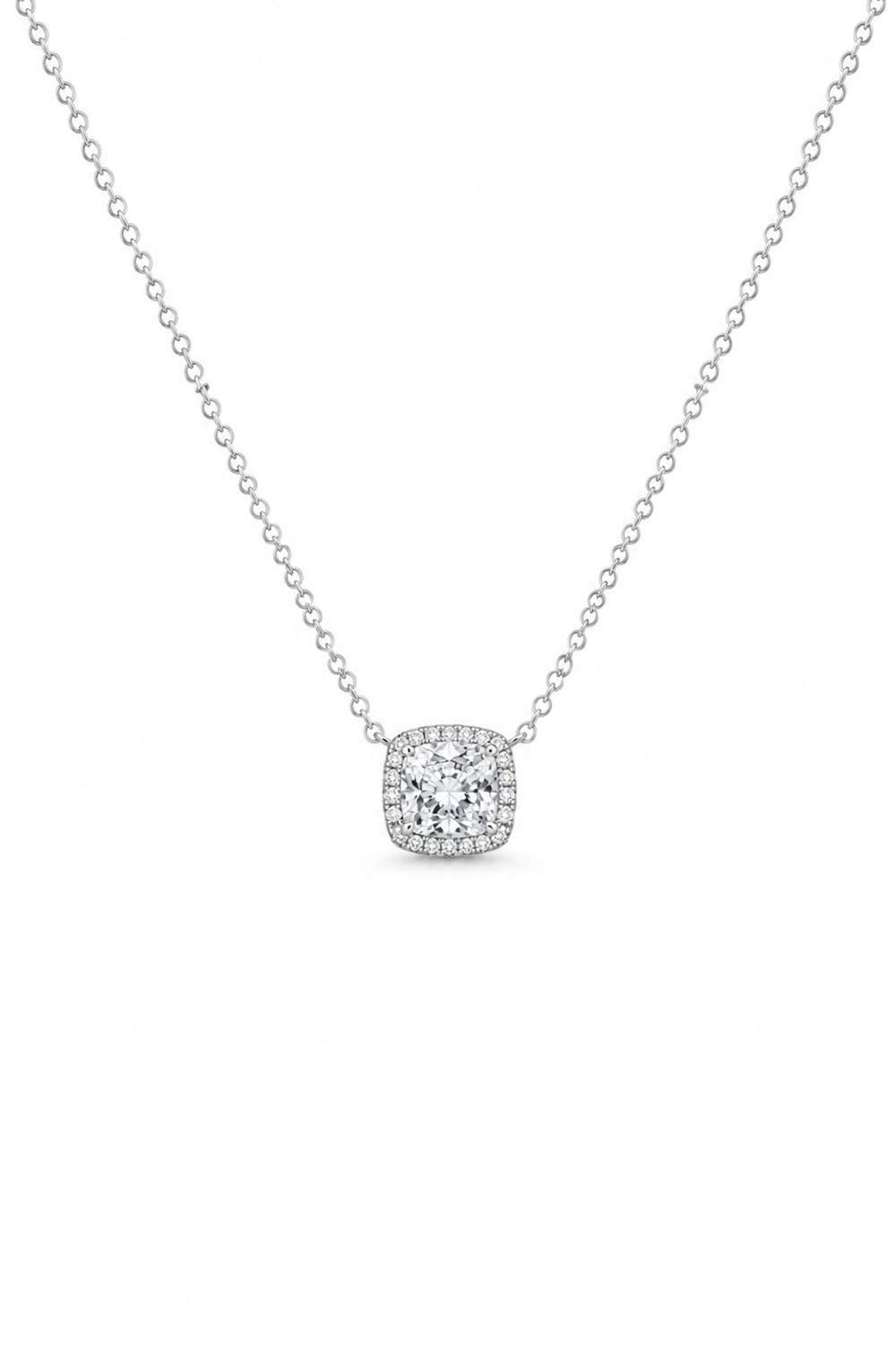 925 Sterling Silver Cushion Halo Pendant Necklace