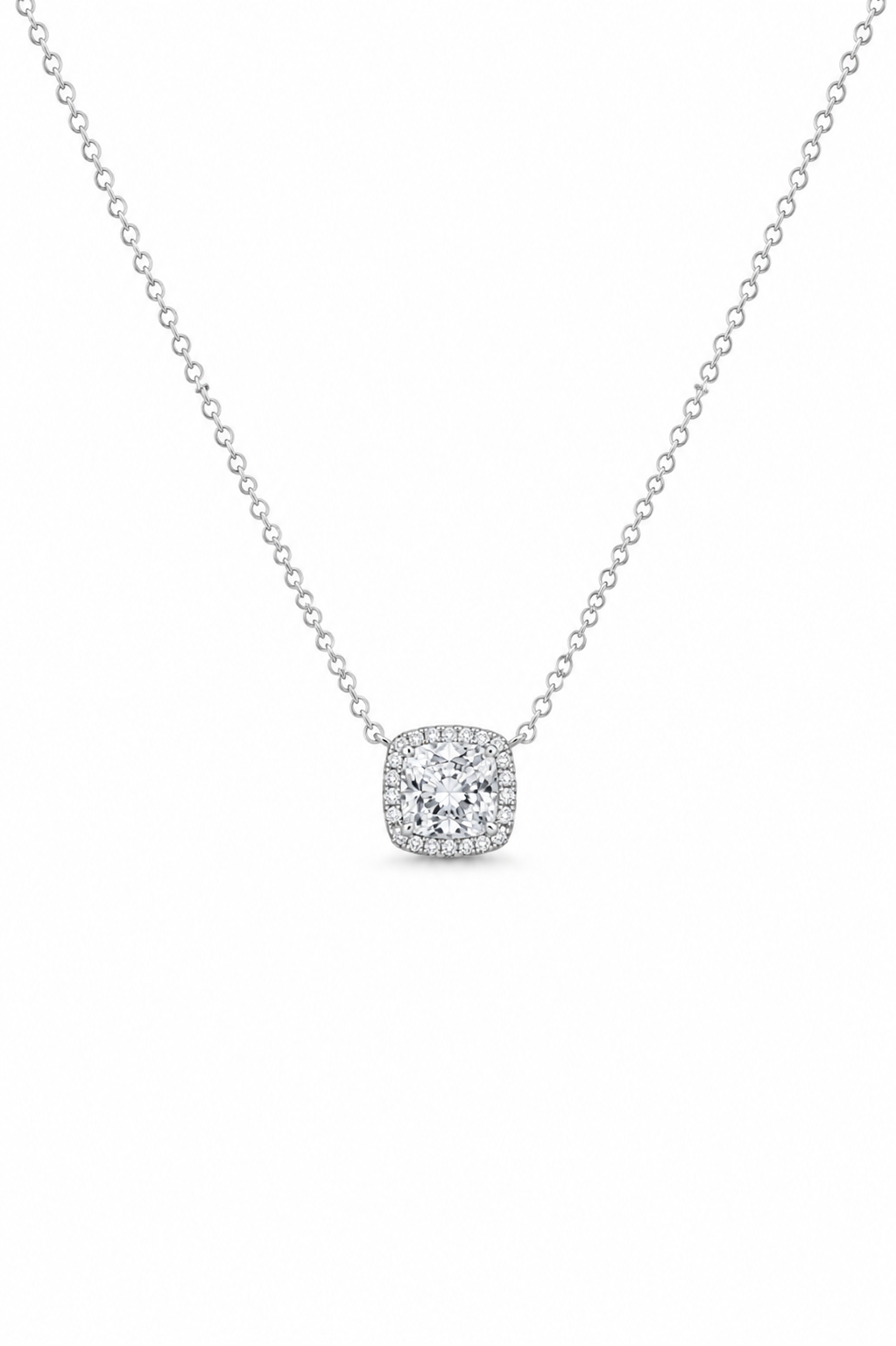 925 Sterling Silver Cushion Halo Pendant Necklace