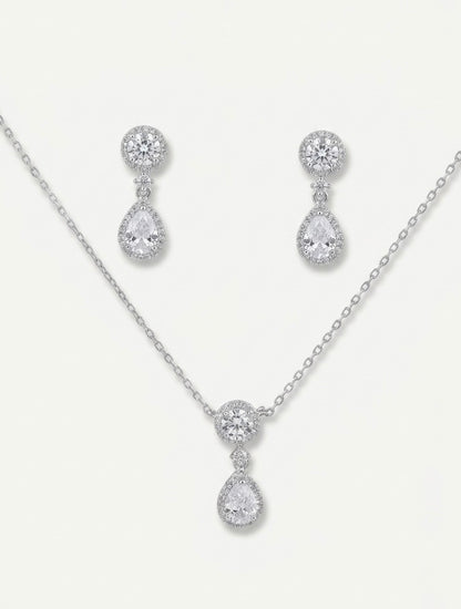 925 Sterling Silver Teardrop Halo Pendant Necklace Set