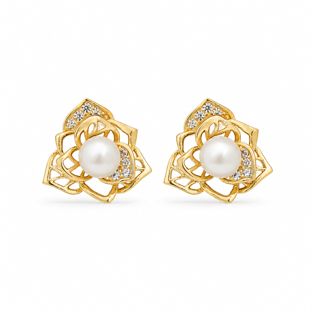 925 Sterling Silver Rosette Pearl Stud Earrings