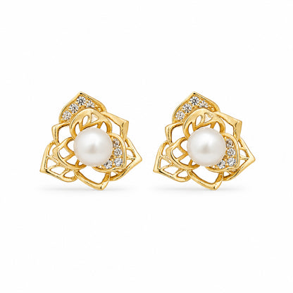 925 Sterling Silver Rosette Pearl Stud Earrings