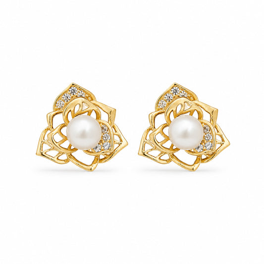 925 Sterling Silver Rosette Pearl Stud Earrings